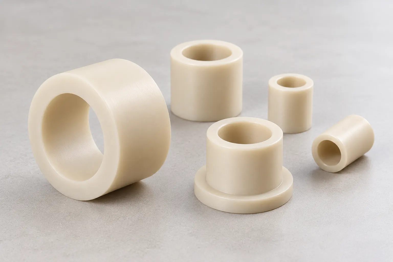 Foto de buchas de nylon em diferentes tamanhos e formatos, mostrando as diferentes possibilidades de utilização deste plástico de engenharia em imagem gerada por Inteligência Artificial.